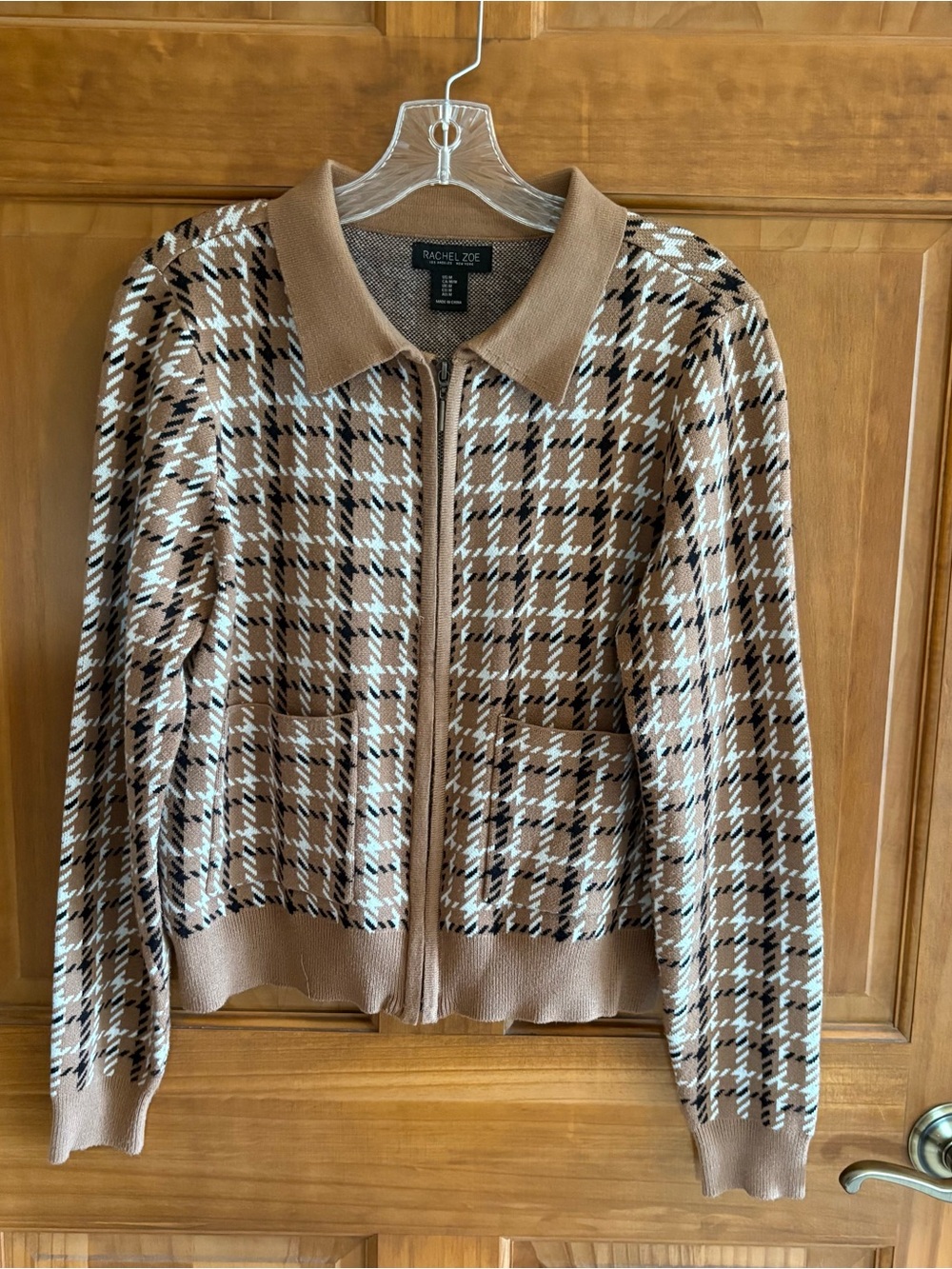 Rachel Zoe Brown Plaid Knit Collared Full Zip Cardigan Sweater, Women's Size M